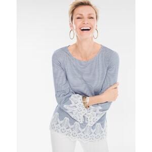 Chicos Size 3 French Striped Lace-Detail Top Women M Blue White Relaxed Pullover